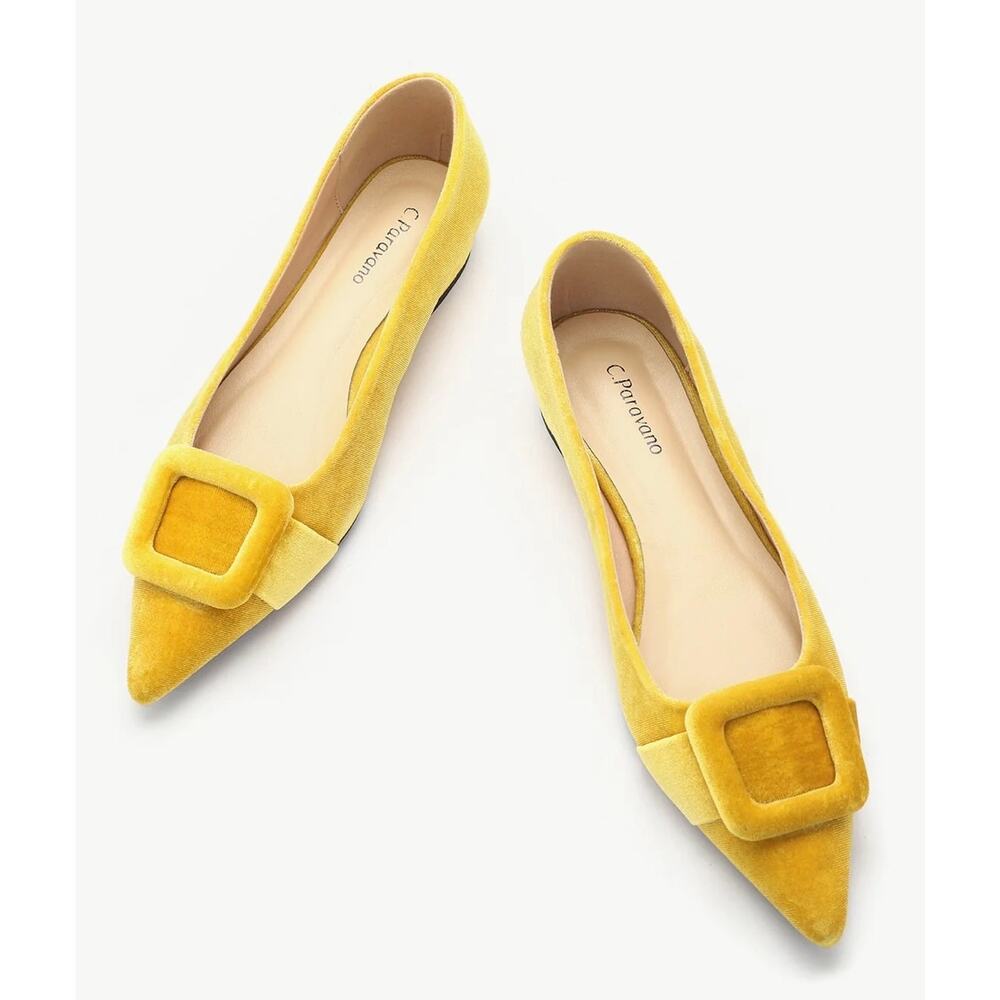 Caroanro Yellow Velvet Pointed-Toe Flats with Buckle